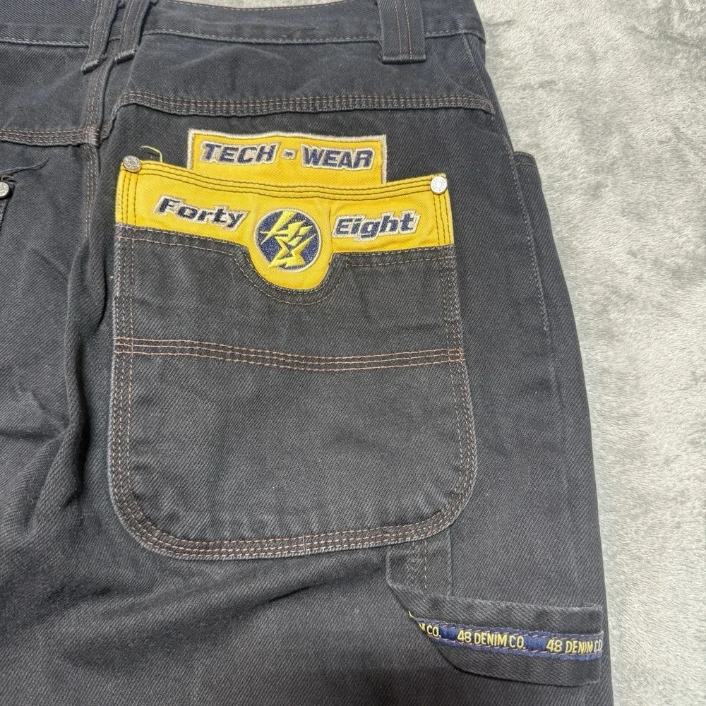 VTG Forty Eight Denim Co Tech Wear Pants Mens 34x34 Black Wide Leg Skate Y2K 90s